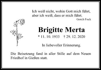 Traueranzeige von Brigitte Merta von Giessener Allgemeine, Alsfelder Allgemeine