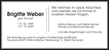 Traueranzeige von Brigitte Weber von Giessener Allgemeine, Alsfelder Allgemeine