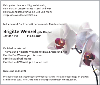 Traueranzeige von Brigitte Wenzel von Wetterauer Zeitung