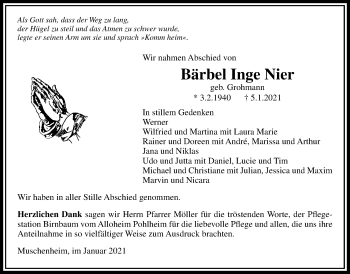 Traueranzeige von Bärbel Inge Nier von Licher Wochenblatt