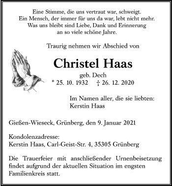 Traueranzeige von Christel Haas von Giessener Allgemeine, Alsfelder Allgemeine