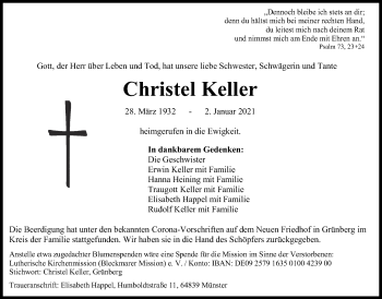 Traueranzeige von Christel Keller von Giessener Allgemeine, Alsfelder Allgemeine