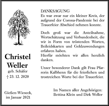 Traueranzeige von Christel Weller von Giessener Allgemeine, Alsfelder Allgemeine