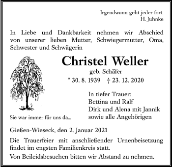 Traueranzeige von Christel Weller von Giessener Allgemeine, Alsfelder Allgemeine