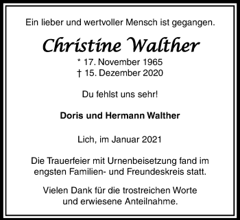 Traueranzeige von Christine Walther von Licher Wochenblatt