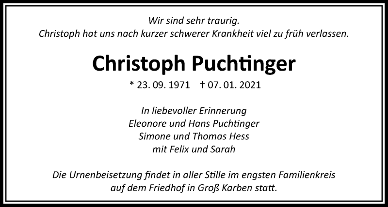  Traueranzeige für Christoph Puchtinger vom 14.01.2021 aus Bad Vilbel/Karben