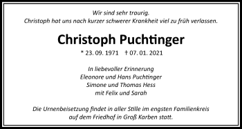 Traueranzeige von Christoph Puchtinger von Bad Vilbel/Karben