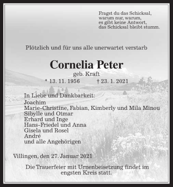 Traueranzeige von Cornelia Peter von Giessener Allgemeine, Alsfelder Allgemeine