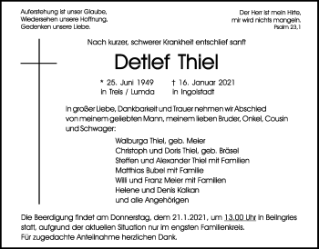 Traueranzeige von Detlef Thiel von Giessener Allgemeine, Alsfelder Allgemeine
