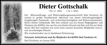 Traueranzeige von Dieter Gottschalk von Wetterauer Zeitung