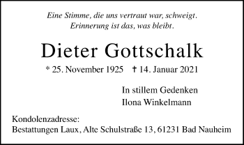 Traueranzeige von Dieter Gottschalk von Wetterauer Zeitung