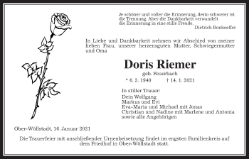 Traueranzeige von Doris Riemer von Wetterauer Zeitung