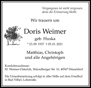 Traueranzeige von Doris Weimer von Bad Vilbel/Karben