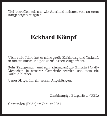 Traueranzeige von Eckhard Kömpf von Alsfelder Allgemeine