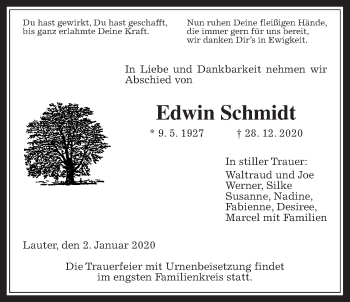 Traueranzeige von Edwin Schmidt von Giessener Allgemeine, Alsfelder Allgemeine