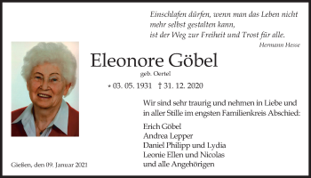 Traueranzeige von Eleonore Göbel von Giessener Allgemeine, Alsfelder Allgemeine