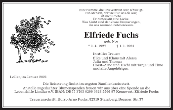 Traueranzeige von Elfriede Fuchs von Giessener Allgemeine, Alsfelder Allgemeine