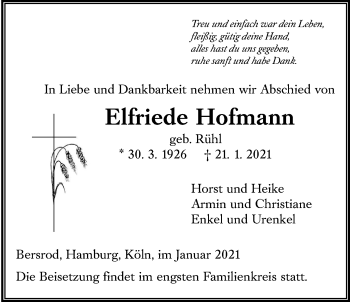 Traueranzeige von Elfriede Hofmann von Giessener Allgemeine, Alsfelder Allgemeine