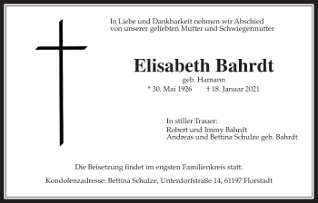 Traueranzeige von Elisabeth Bahrdt von Wetterauer Zeitung
