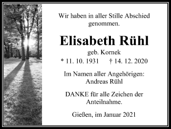 Traueranzeige von Elisabeth Rühl von Giessener Allgemeine, Alsfelder Allgemeine