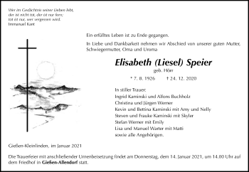 Traueranzeige von Elisabeth Speier von Giessener Allgemeine, Alsfelder Allgemeine
