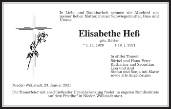 Traueranzeige von Elisabethe Heß von Wetterauer Zeitung