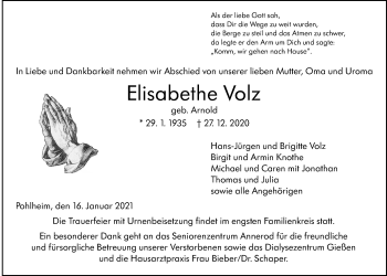 Traueranzeige von Elisabethe Volz von Giessener Allgemeine, Alsfelder Allgemeine