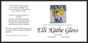 Traueranzeige von Elli Käthe Gloss von Wetterauer Zeitung