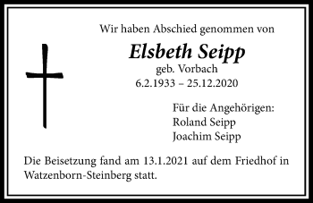 Traueranzeige von Elsbeth Seipp von Licher Wochenblatt