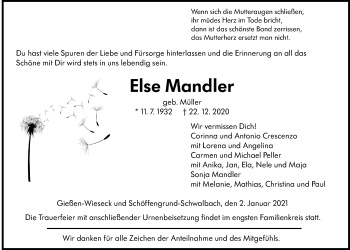 Traueranzeige von Else Mandler von Giessener Allgemeine, Alsfelder Allgemeine