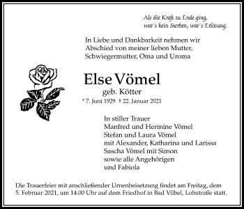 Traueranzeige von Else Vömel von Bad Vilbel/Karben