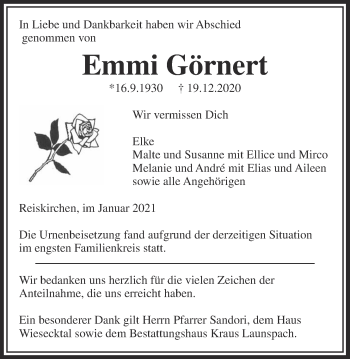 Traueranzeige von Emmi Görnert von Giessener Allgemeine, Alsfelder Allgemeine
