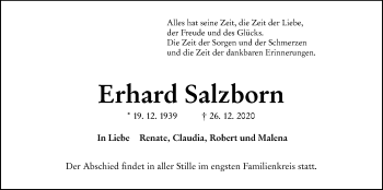 Traueranzeige von Erhard Salzborn von Giessener Allgemeine, Alsfelder Allgemeine