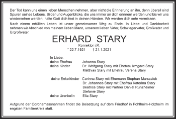 Traueranzeige von Erhard Stary von Giessener Allgemeine, Alsfelder Allgemeine
