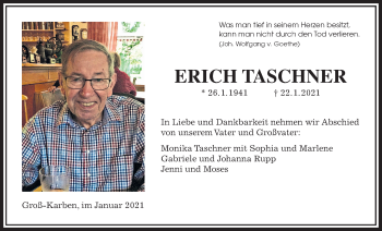 Traueranzeige von Erich Taschner von Wetterauer Zeitung