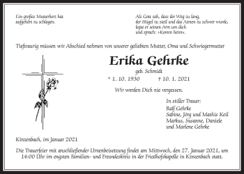 Traueranzeige von Erika Gehrke von Giessener Allgemeine, Alsfelder Allgemeine