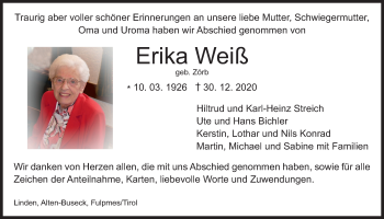 Traueranzeige von Erika Weiß von Giessener Allgemeine, Alsfelder Allgemeine