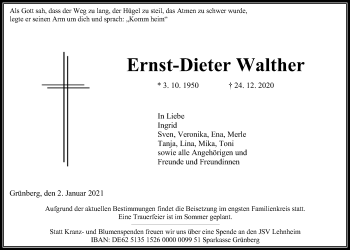 Traueranzeige von Ernst-Dieter Walther von Giessener Allgemeine, Alsfelder Allgemeine