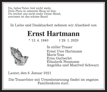 Traueranzeige von Ernst Hartmann von Laubacher Anzeiger
