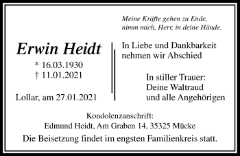 Traueranzeige von Erwin Heidt von Giessener Allgemeine, Alsfelder Allgemeine