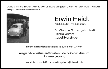 Traueranzeige von Erwin Heidt von Giessener Allgemeine, Alsfelder Allgemeine