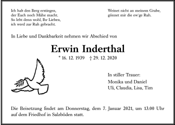 Traueranzeige von Erwin Inderthal von Giessener Allgemeine, Alsfelder Allgemeine