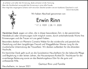 Traueranzeige von Erwin Rinn von Giessener Allgemeine, Alsfelder Allgemeine