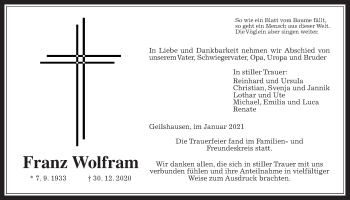 Traueranzeige von Franz Wolfram von Rabenauer Zeitung, Allendorfer Mitteilungen