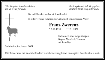 Traueranzeige von Franz Zwerenz von Licher Wochenblatt