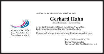 Traueranzeige von Gerhard Hahn von Wetterauer Zeitung
