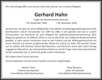 Traueranzeige von Gerhard Hahn von Wetterauer Zeitung