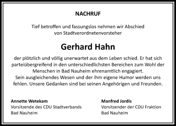 Traueranzeige von Gerhard Hahn von Wetterauer Zeitung