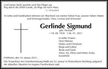Traueranzeige von Gerlinde Sigmund von Giessener Allgemeine, Alsfelder Allgemeine
