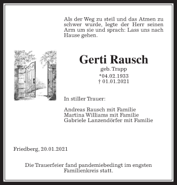 Traueranzeige von Gerti Rausch von Wetterauer Zeitung